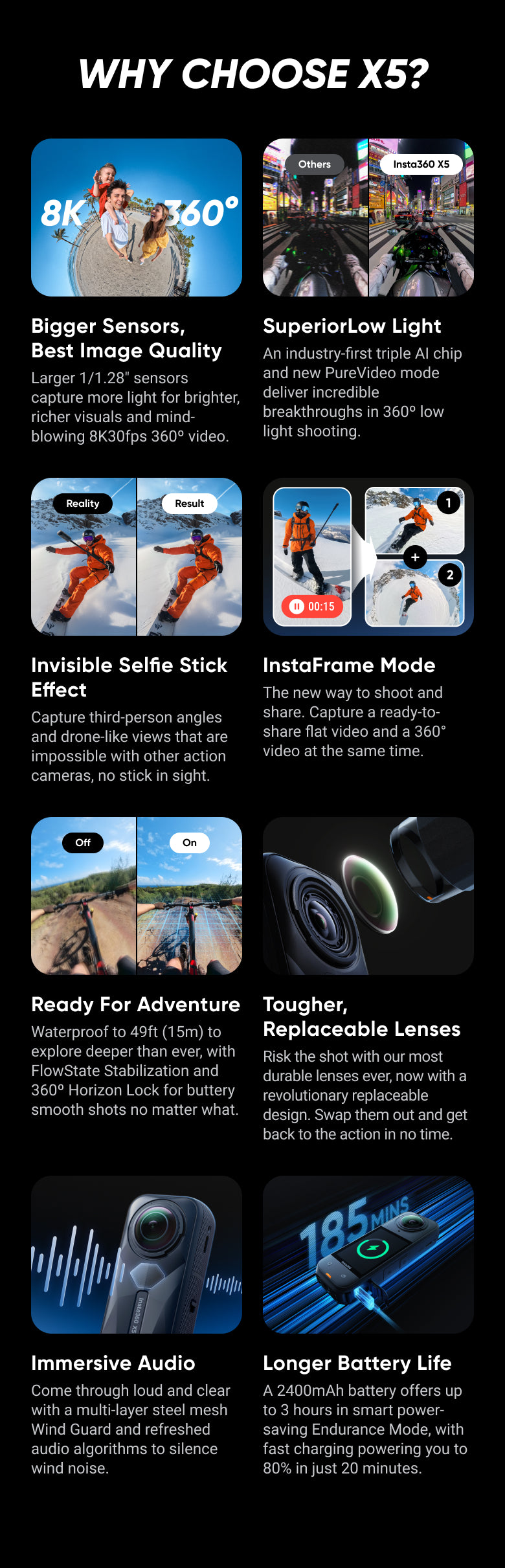 Insta360 X5 – 8K 360° Action Camera with Replaceable Lenses & PureVideo