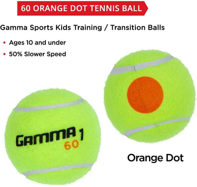 Gamma Beginner Child or Adult Training (Transition) Practice Tennis Balls: Orange 60 or Green 78 Dot (25%-50% Slower Ball Speed) - 12, 36, 48, 60 Pack Sizes