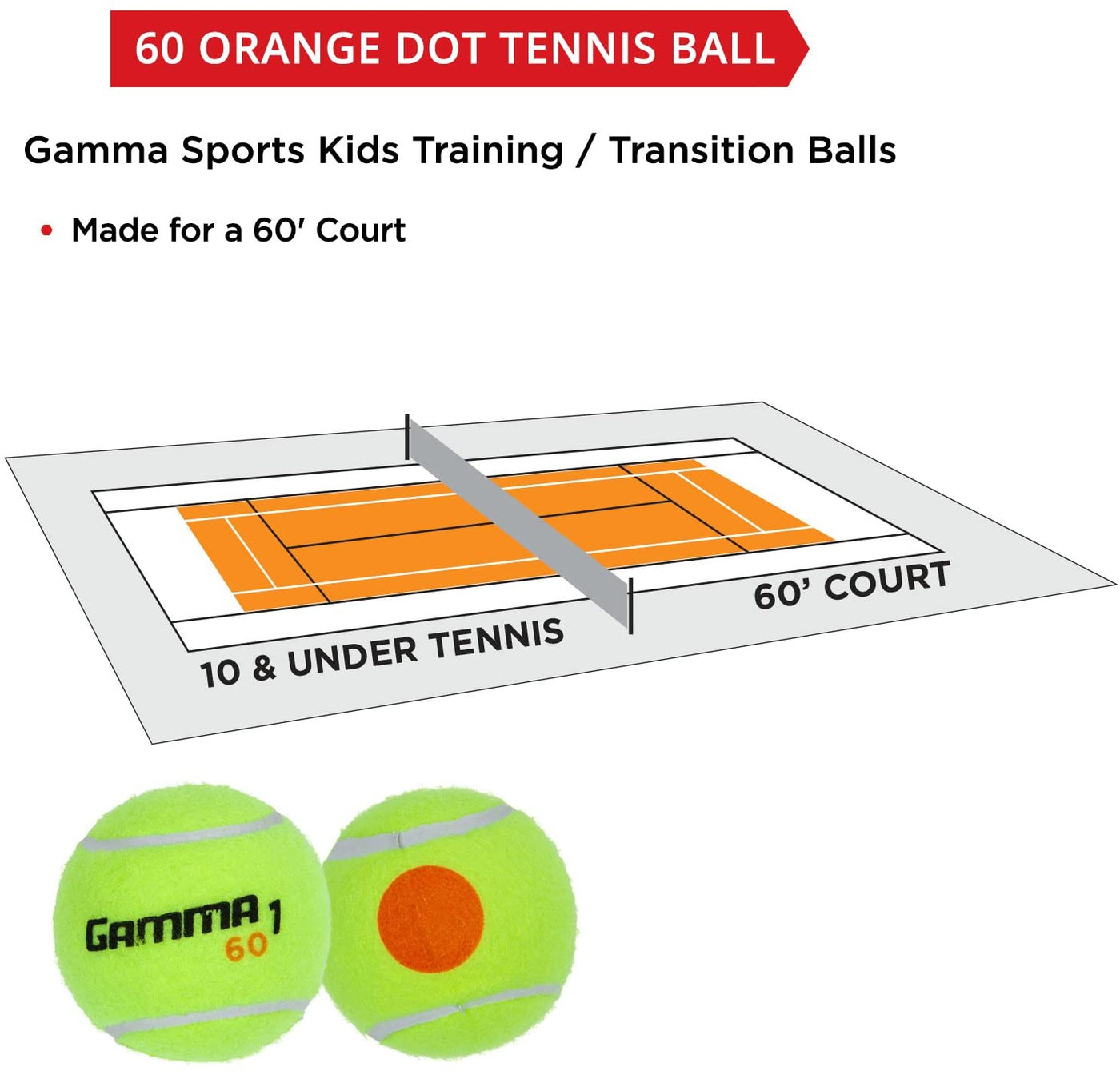 Gamma Beginner Child or Adult Training (Transition) Practice Tennis Balls: Orange 60 or Green 78 Dot (25%-50% Slower Ball Speed) - 12, 36, 48, 60 Pack Sizes