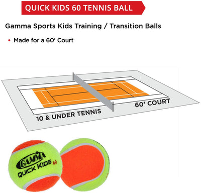 Gamma Quick Kids (Transition) Practice Tennis Balls: Red 36, Orange 60, or Green 78 Dot (25%-50% Slower Ball Speed) - 12, 36, 48, 60 Pack Sizes