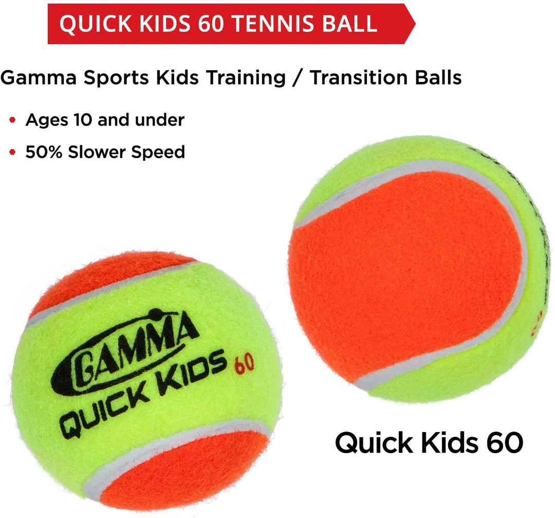 Gamma Quick Kids (Transition) Practice Tennis Balls: Red 36, Orange 60, or Green 78 Dot (25%-50% Slower Ball Speed) - 12, 36, 48, 60 Pack Sizes
